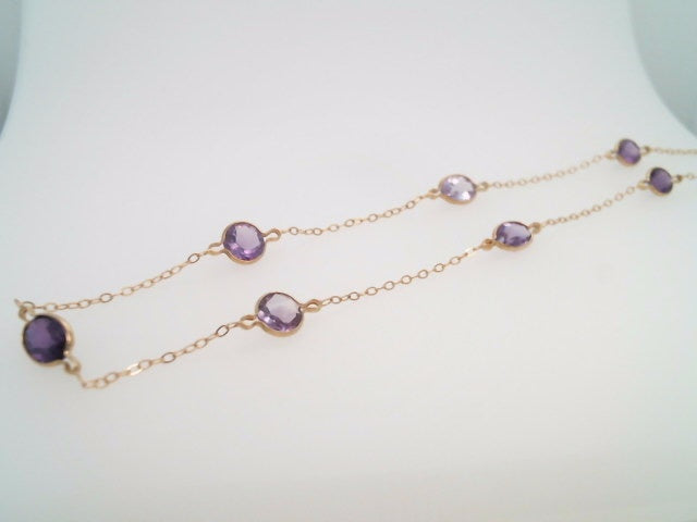 14 Karat Yellow Gold Bezel Set Amethyst "By The Yard" Style Necklace 16-18"