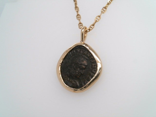 14 Karat Yellow Gold & Bronze Roman Empire Nummus Coin Pendant With Handmade Smooth Bezel