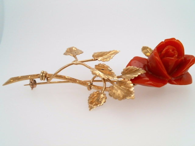 Vintage 18 Karat Yellow Gold Italian Glass Rose Pin 3" In Length.