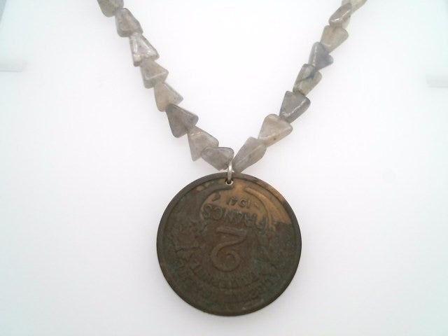 Handmade Sterling Silver Labradorite Bead Necklace With French 2 Francs Coin Dated 1941, 18"