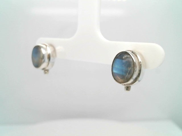Vintage Sterling Silver Oval Bezel Set Moonstone Earrings