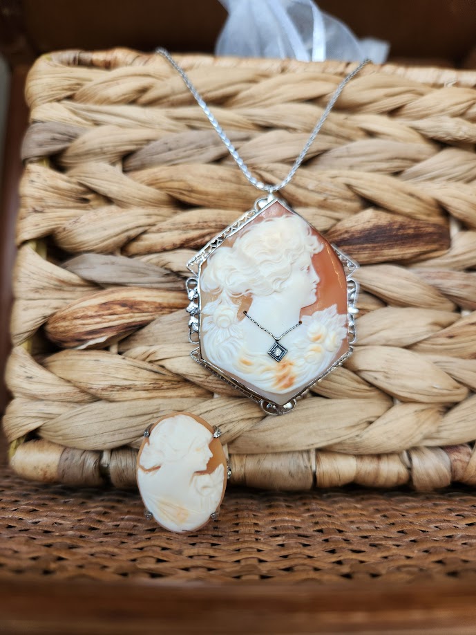 Antique 14 Karat White Gold Carved Seashell Cameo Pin/Pendant With Diamond Necklace