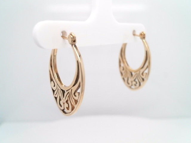 Vintage 14 Karat Yellow Gold Oval Shaped Hoop Earrings With Scrolling Filgree