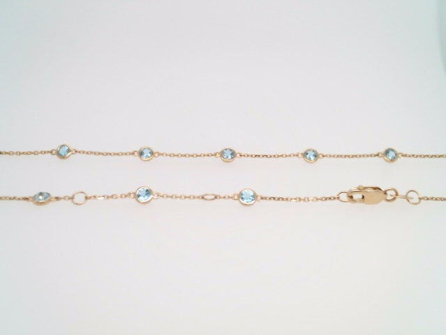 14 Karat Yellow Gold Bezel Set Blue Topaz "By The Yard" Style Necklace 18" With A Loop At 16" And 17" For Adjustable Length