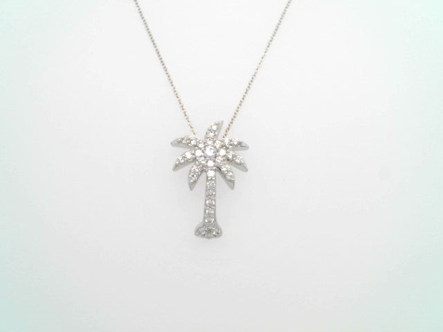 14 Karat White Gold Medium Diamond Palm Tree Necklace, 18"