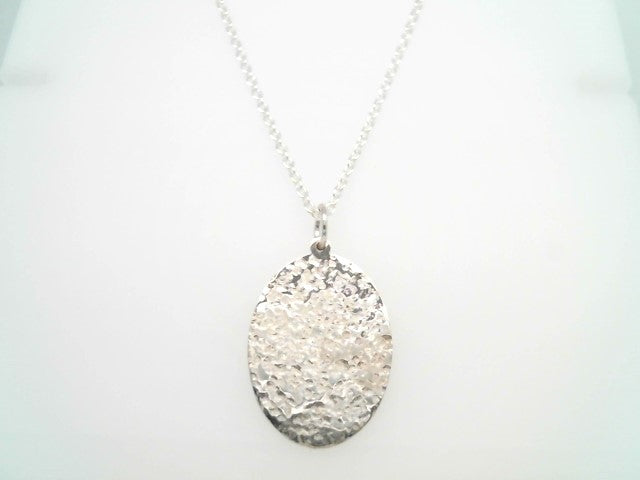 Sterling Silver Oval Pendant Necklace With Hammered Finish, 18"
