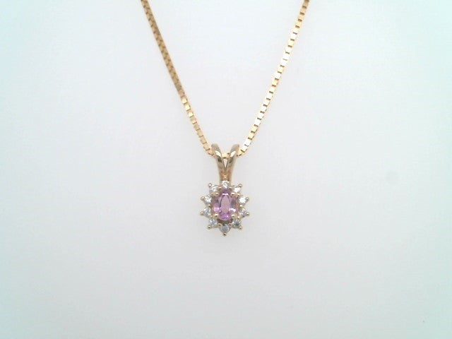 14 Karat Yellow Gold Oval Pink Sapphire & Diamond Halo Style Pendant