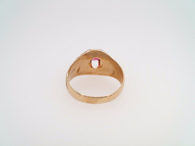 Vintage 10 Karat Yellow Gold 6 Prong Buttercup Style Imitation Ruby Ring With Flowers Engraved On Shoulders