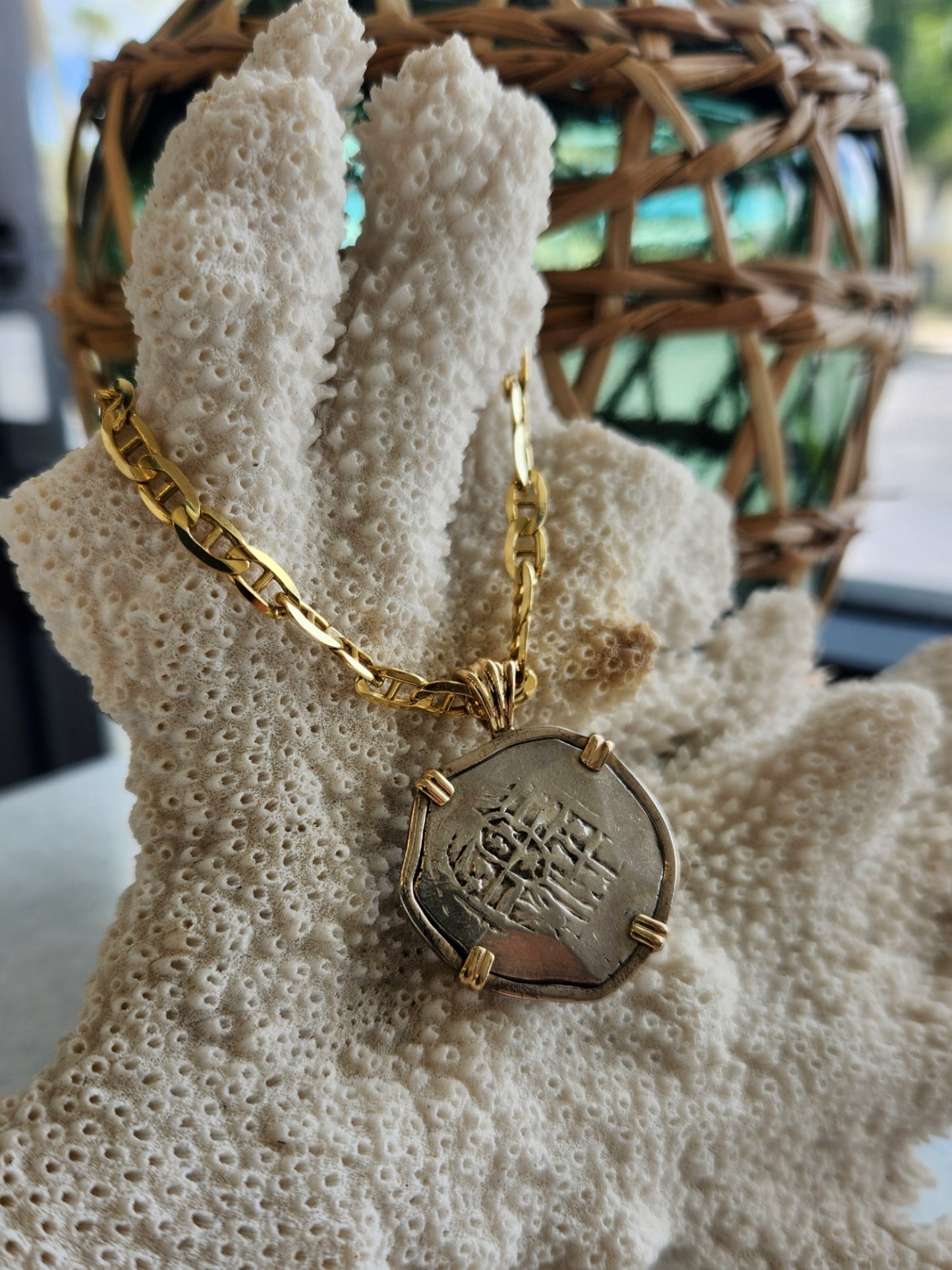 Spanish Colonial 2 Reale in 14K Yellow Gold and Sterling Silver Pendan