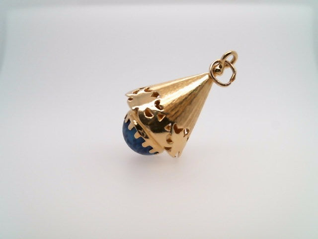 Vintage 18 Karat Yellow Gold Cone Shaped Charm/Pendant With Blue Glass Cabochon From Italy Circa 1960
