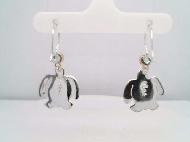 Sterling Silver And 22 Karat Gold Vermeil Drop/Dangle Sea Turtle Earrings With 2 Round Blue Topaz