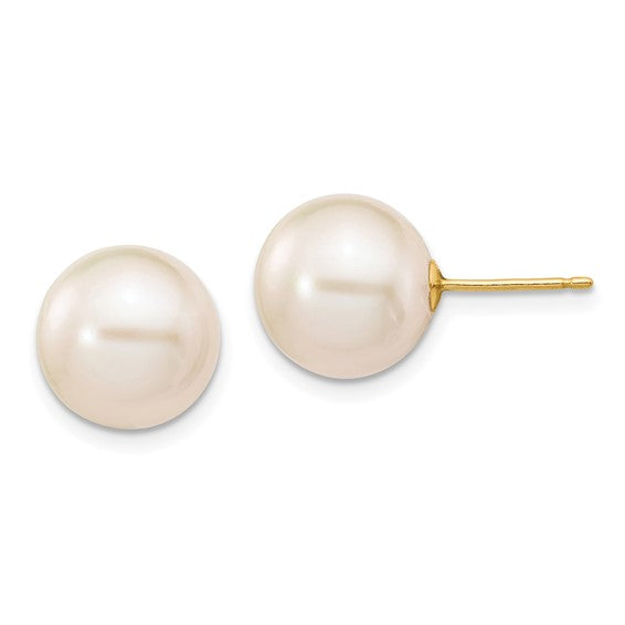 14 Karat Yellow Gold 10-11 mm Round White Freshwater Cultured Pearl Stud Earrings.