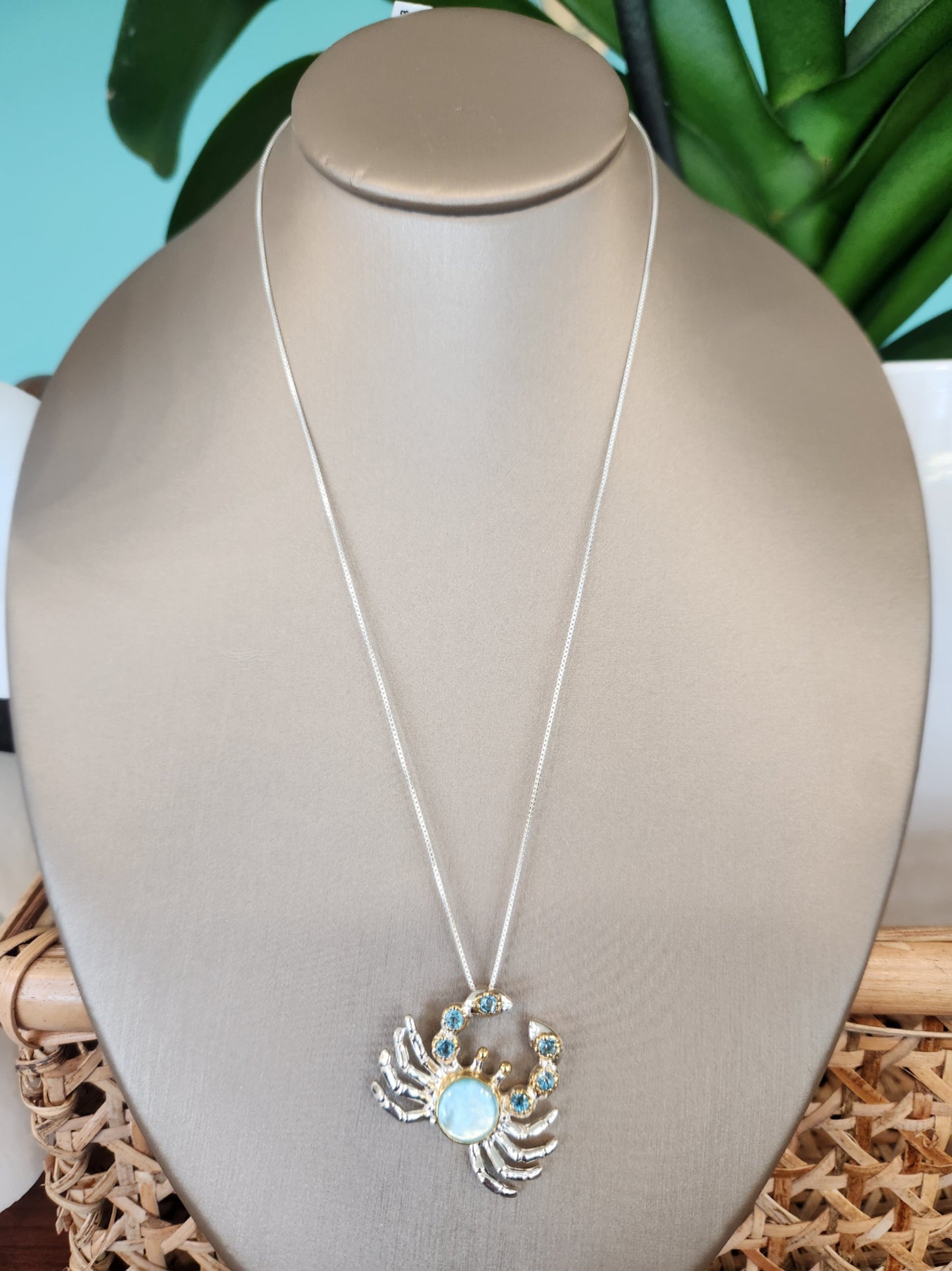 Sterling Silver And 22 Karat Gold Vermeil Crab Pendant with Mother of Pearl, Amazonite, and Blue Topaz