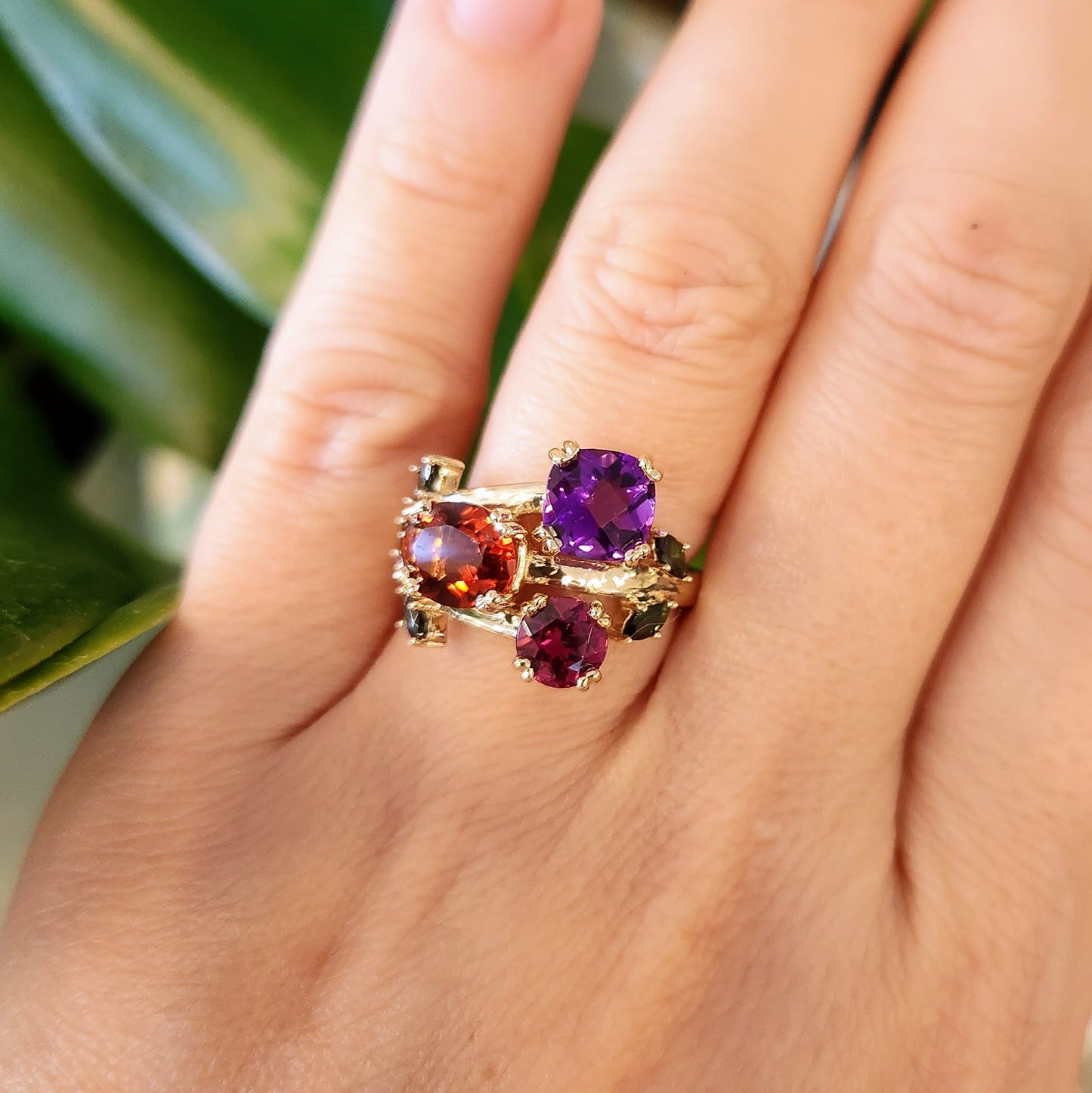 14 Karat Yellow Gold Garnet, Tourmaline, Amethyst & Citirine Floral Bypass Style Ring