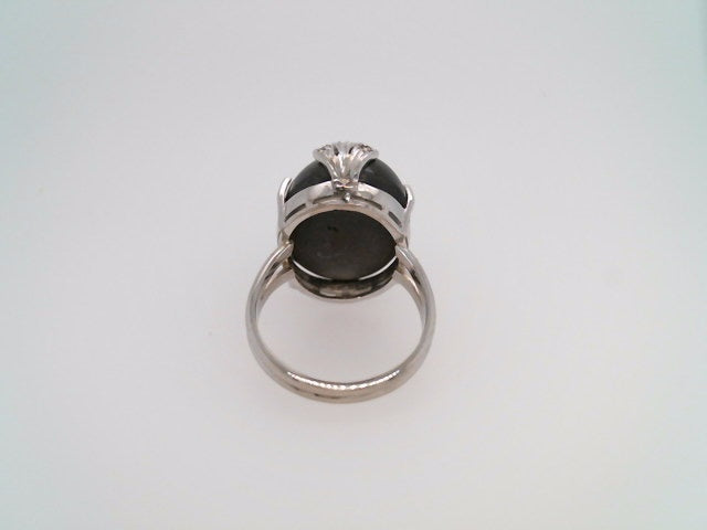 Vintage 14 Karat White Gold Cabochon Black Star Sapphire & Diamond Ring