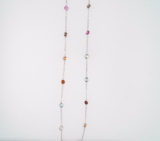 Sterling Silver Bezel Set Multi Gem "By The Yard" Style Necklace 18" With A Loop At 16" And 17" For Adjustable Length