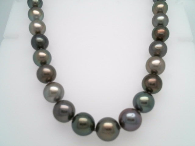 14 Karat White Gold Multi Color Dark Grey Tahitian Cultured Pearl Strand Necklace With Ball Clasp, 17.5"