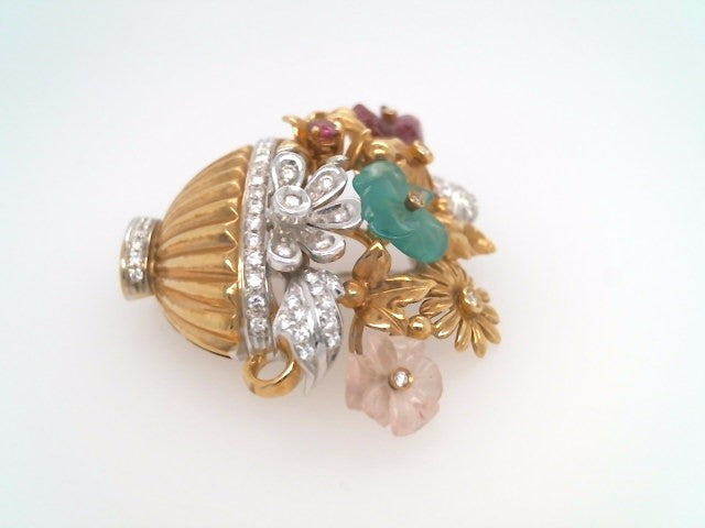 Vintage 18 Karat Yellow & White Gold Gemstone & Diamond Flower Basket Pin