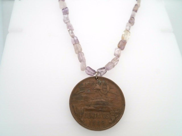 Handmade Sterling Silver Amethyst Bead Necklace With Mexican Coin Dated 1946, 21"