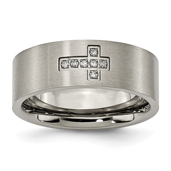 Titanium Brushed Diamond Cross 8 Mm Flat Band Size 10