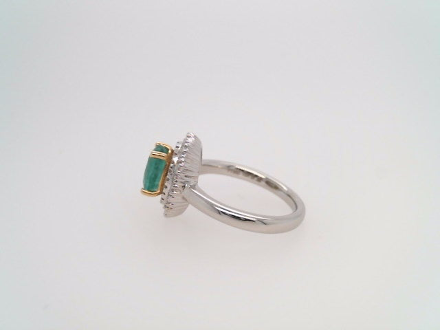 Platinum & 18 Karat Yellow Gold Emerald & Diamond Halo Style Ring