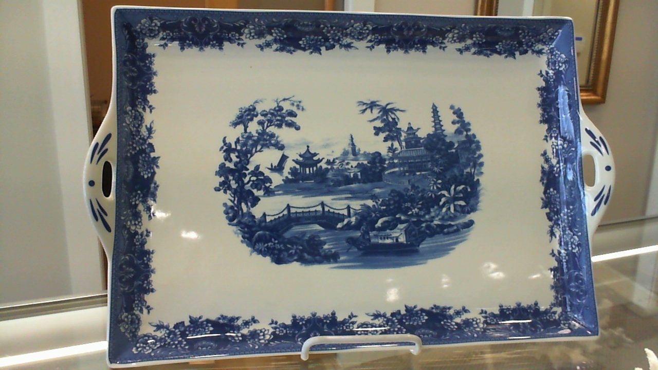 Pagoda Blue Transferware Porcelain Tea Set With Tray.
