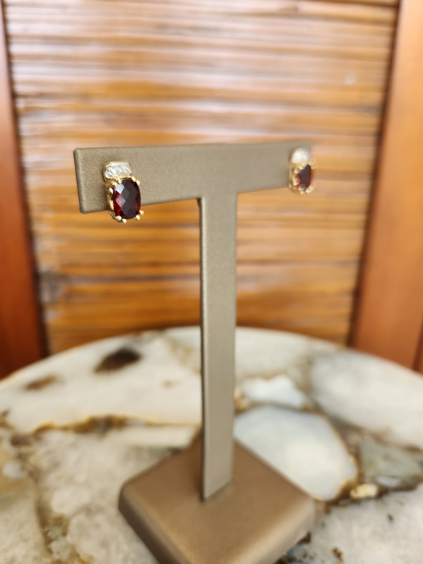 Vintage 10 Karat Yellow Gold Garnet & Diamond Earrings