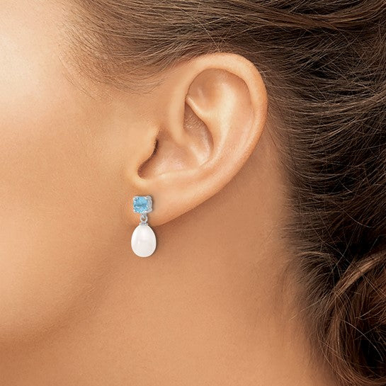 Sterling Silver White Freshwater Cultured Pearl And Blue Topaz Drop Earrings