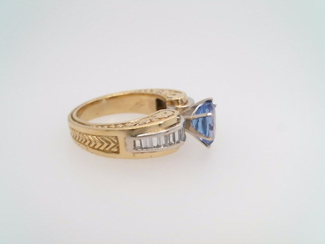 Vintage 18 Karat Yellow & White Gold Tanzanite & Diamond Ring With Engraved Shank