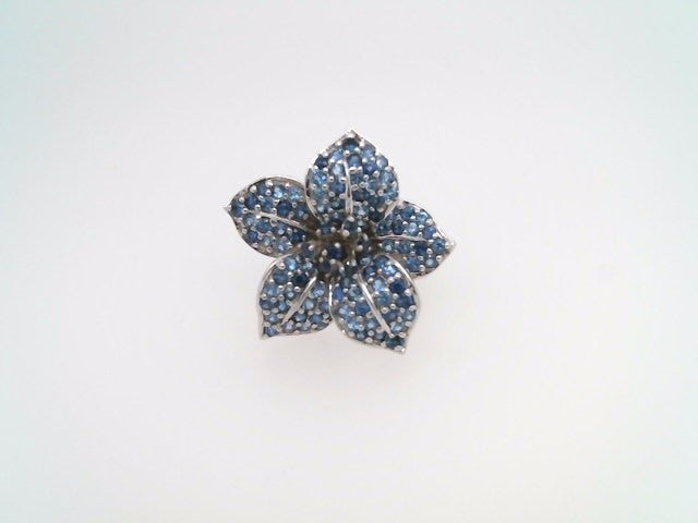 Vintage 14 Karat White Gold Blue Sapphire Pave Flower Ring