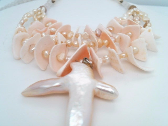 Sterling Silver Shell, Rose Quartz, & Freshwater Pearl 3-Strand Necklace 17"