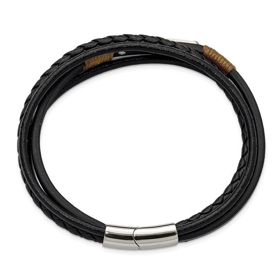 Stainless Steel Polished Multi-Strand Black Leather 8.5" Bracelet