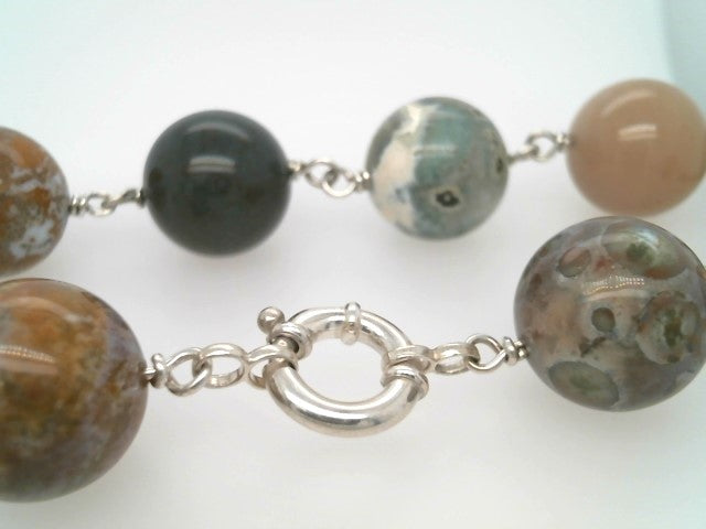 Sterling Silver 18 Mm Multi Color Jasper Bead Link Necklace With Large Spring Ring Clasp, 26"