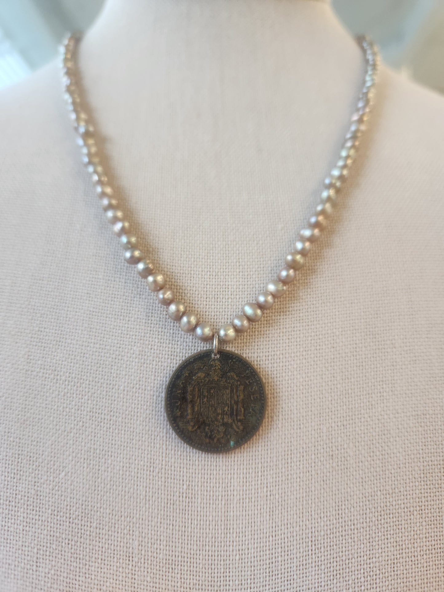 Handmade Sterling Silver Freshwater Pearl Necklace With Peruvian Coin Dated 1943, 18"
