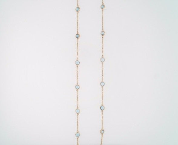 14 Karat Yellow Gold Bezel Set Blue Topaz "By The Yard" Style Necklace 18" With A Loop At 16" And 17" For Adjustable Length