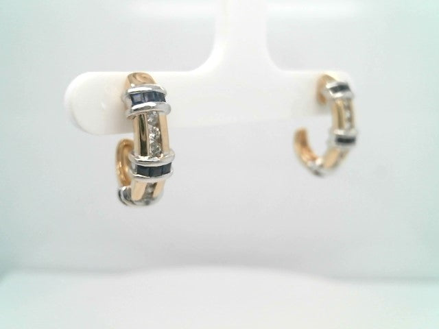 Vintage 14 Karat Yellow & White Gold Diamond & Blue Sapphire 1/2 Hoop Earrings