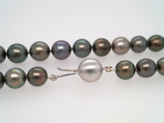 14 Karat White Gold Multi Color Dark Grey Tahitian Cultured Pearl Strand Necklace With Ball Clasp, 17.5"