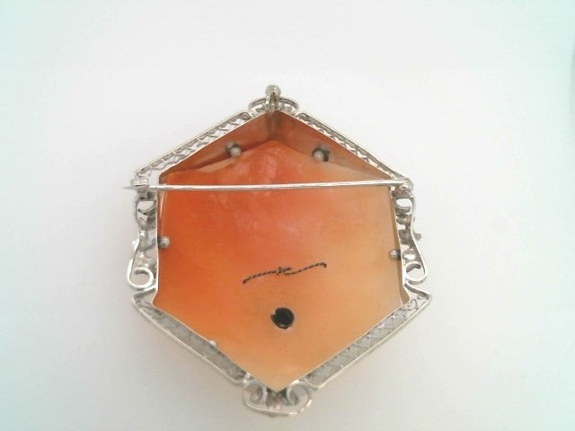 Antique 14 Karat White Gold Carved Seashell Cameo Pin/Pendant With Diamond Necklace
