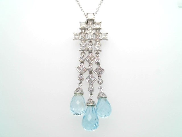 Vintage 14 Kart White Gold Blue Topaz Briolette & Diamond Necklace, 16"