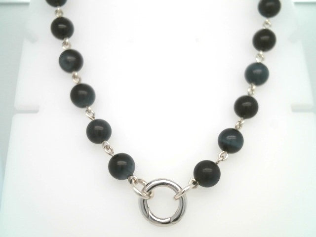 Sterling Silver 8.5 Mm Gray Blue Tiger's Eye Bead Link Chain Necklace With Opening Circle Bail Clasp, 19"