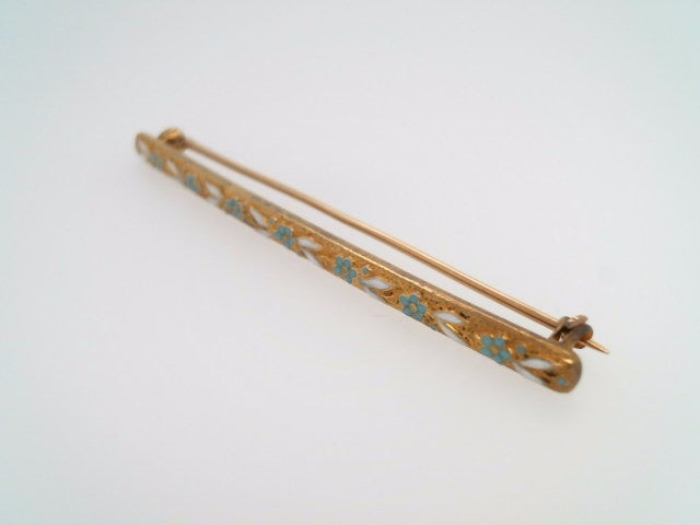 Vintage 14 Karat Yellow Gold Floral Design Bar Pin With Turquoise Blue And White Enamel Measuring 60 X 3.5mm