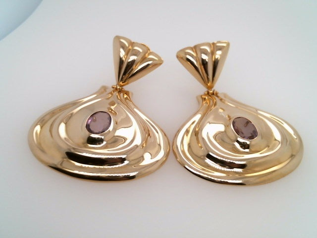 Vintage 14 Karat Yellow Gold Exaggerated Teardrop Shaped Dangle Earrings With "Rose De France" Amethyst