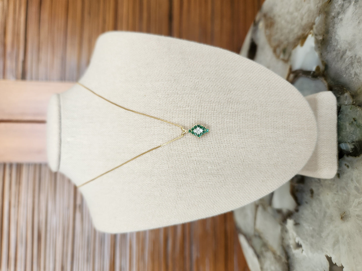 Vintage 14 Karat Yellow Gold Diamond Shaped Emerald & Diamond Cluster Pendant