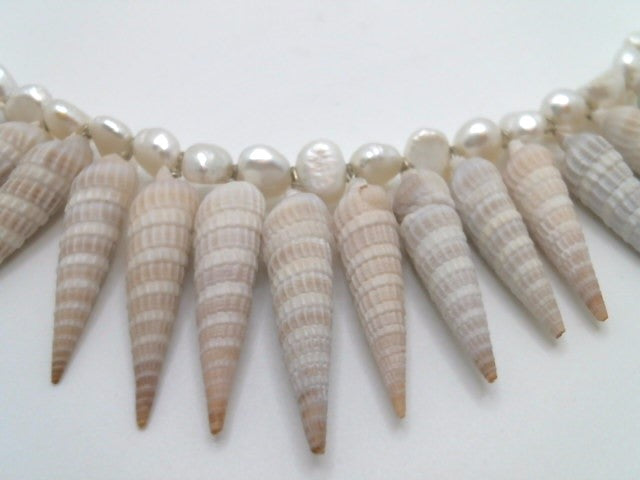 Sterling Silver White Freshwater Pearl And Florida Auger Seashell "Spike" Necklace 18.5"