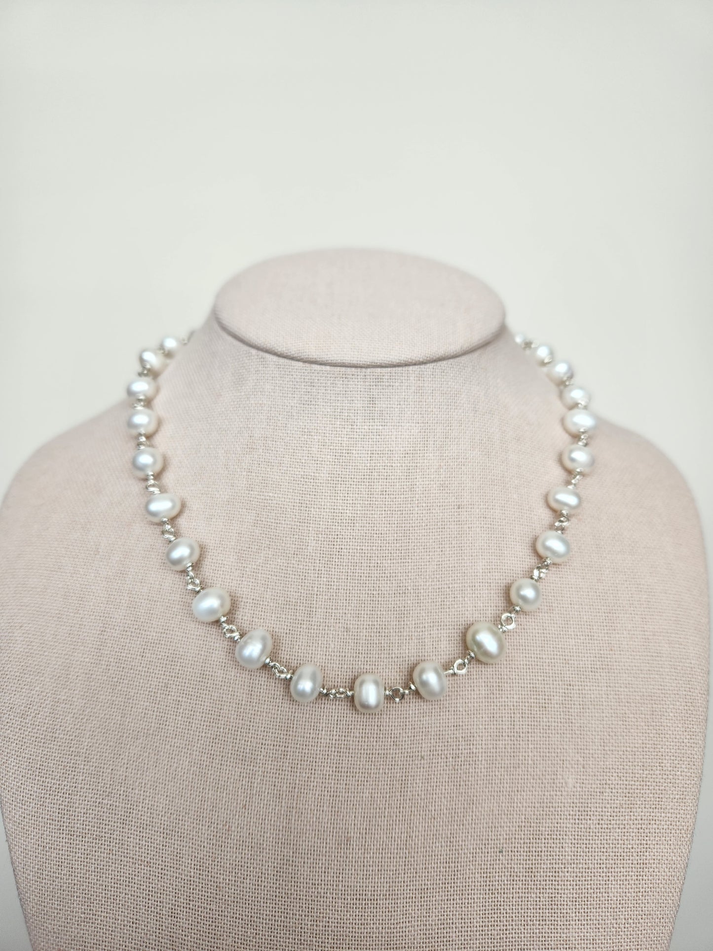 Sterling Silver 8 Mm White Freshwater Pearl Link Chain Necklace With Opening Circle Bail Clasp, 18"