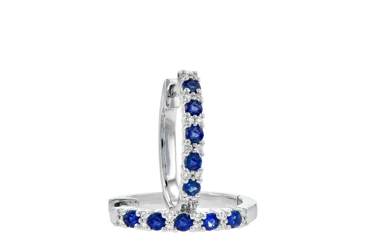14 Karat White Gold Blue Sapphire & Diamond Shared Prong Set Hoop Earrings