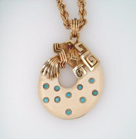Vintage 18 Karat Yellow Gold "Ouroboros" Snake Pendant/Pearl EnhancerMade Out Of Inlaid Bone And Turquoise With Ruby Eye.