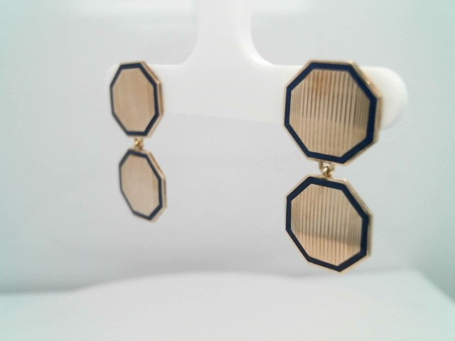 Antique Victorian 9 Karat Yellow Gold Hexagonal Double Drop Earrings With Blue Enamel