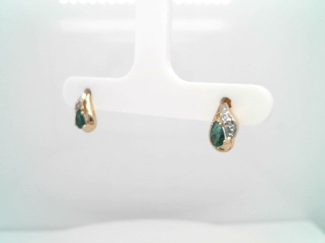 Vintage 10 Karat Yellow Gold Pear Shaped Emerald Earrings With Diamond Accents
