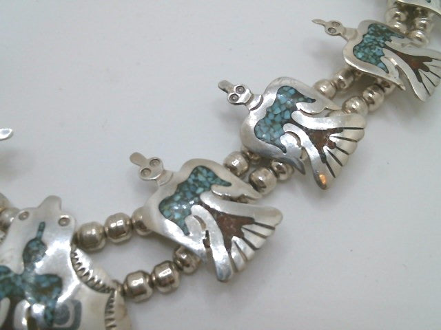 Vintage Handmade Sterling Silver Navajo Thunderbird Motif Squash Blossom Style Necklace Inlaid With Turquoise & Coral 22"